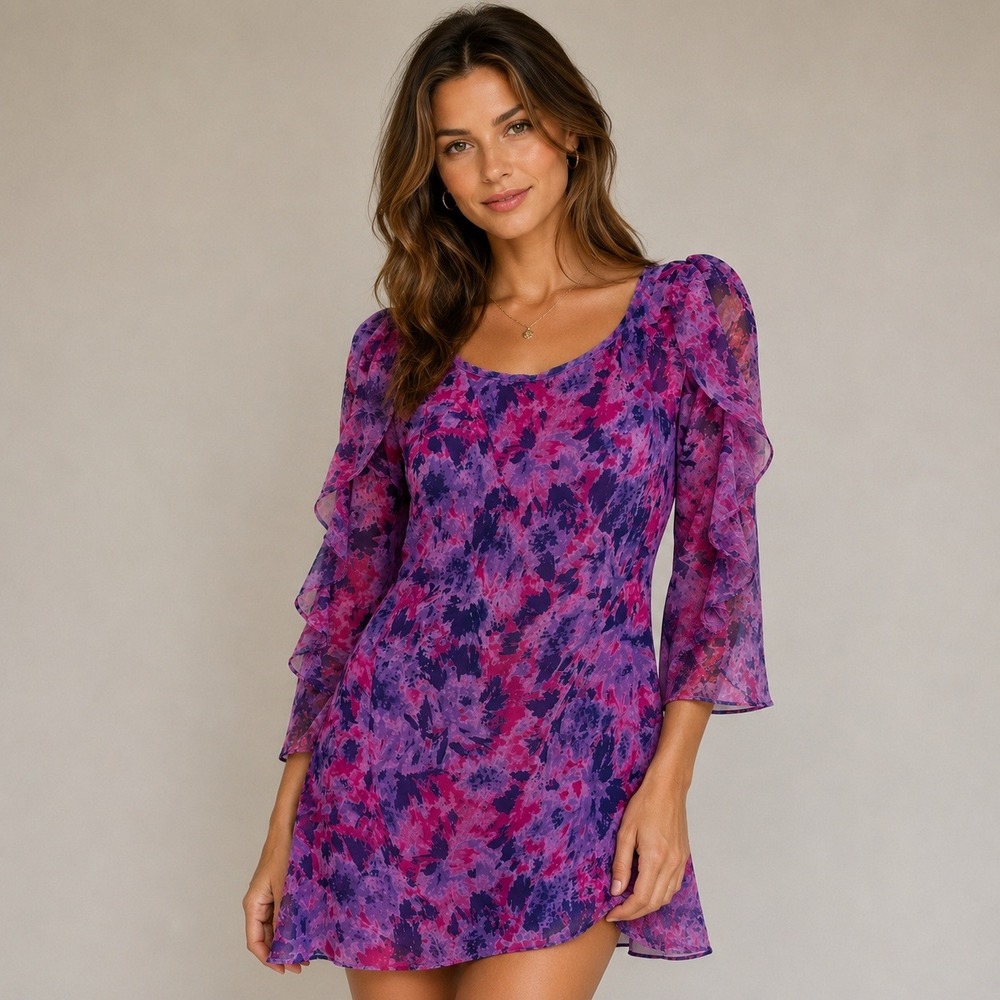 Halston Mini Dress Womens S Purple‎ Pink Abstract Floral Ruffle Cold Shoulder